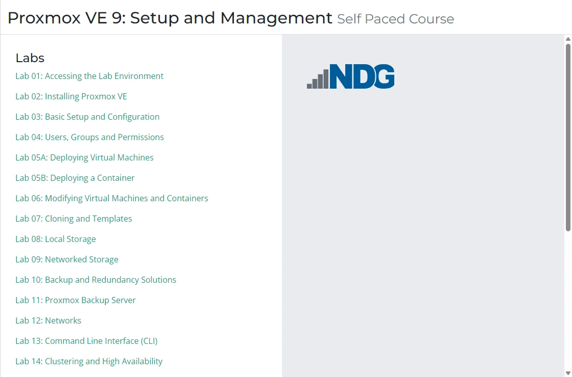 The Proxmox VE 9: Setup and Management course outline listing 16 labs and 9 assessments